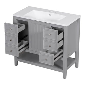 English Elm 36" Stylish Bathroom Vanity With Ceramic Sink, Solid Wood, 1 Cabinet & 3 Drawers, Grey Finish N725P246500E