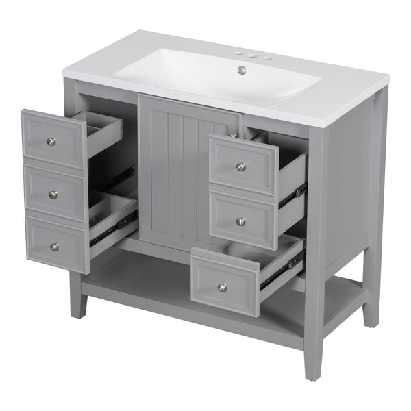 English Elm 36" Stylish Bathroom Vanity With Ceramic Sink, Solid Wood, 1 Cabinet & 3 Drawers, Grey Finish N725P246500E