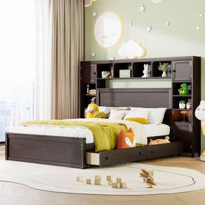 English Elm Queen Storage Bed with Shelving Cabinets Built-in Outlets and Four Under Drawers Espresso LP000742AAP