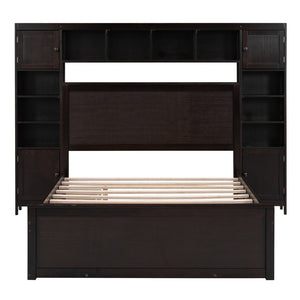 English Elm Full Platform Bed with Storage Headboard Built-in Outlets Shelving and Twin Trundle Espresso LP000642AAP