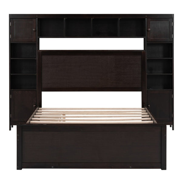 English Elm Full Platform Bed with Storage Headboard Built-in Outlets Shelving and Twin Trundle Espresso LP000642AAP