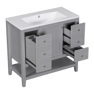 English Elm 36" Stylish Bathroom Vanity With Ceramic Sink, Solid Wood, 1 Cabinet & 3 Drawers, Grey Finish N725P246500E