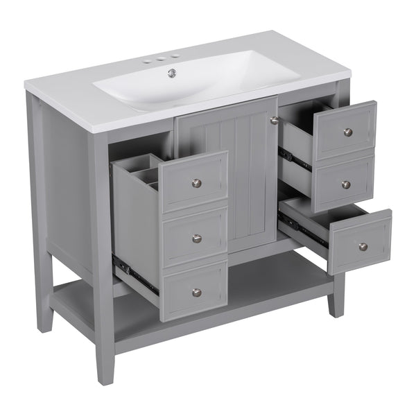 English Elm 36" Stylish Bathroom Vanity With Ceramic Sink, Solid Wood, 1 Cabinet & 3 Drawers, Grey Finish N725P246500E
