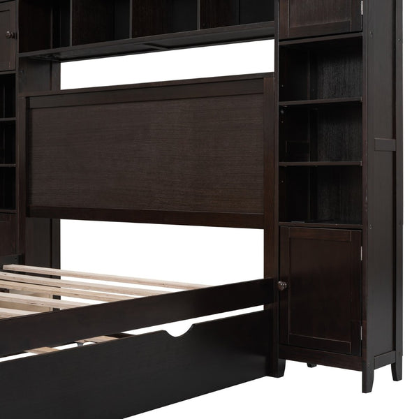 English Elm Full Platform Bed with Storage Headboard Built-in Outlets Shelving and Twin Trundle Espresso LP000642AAP