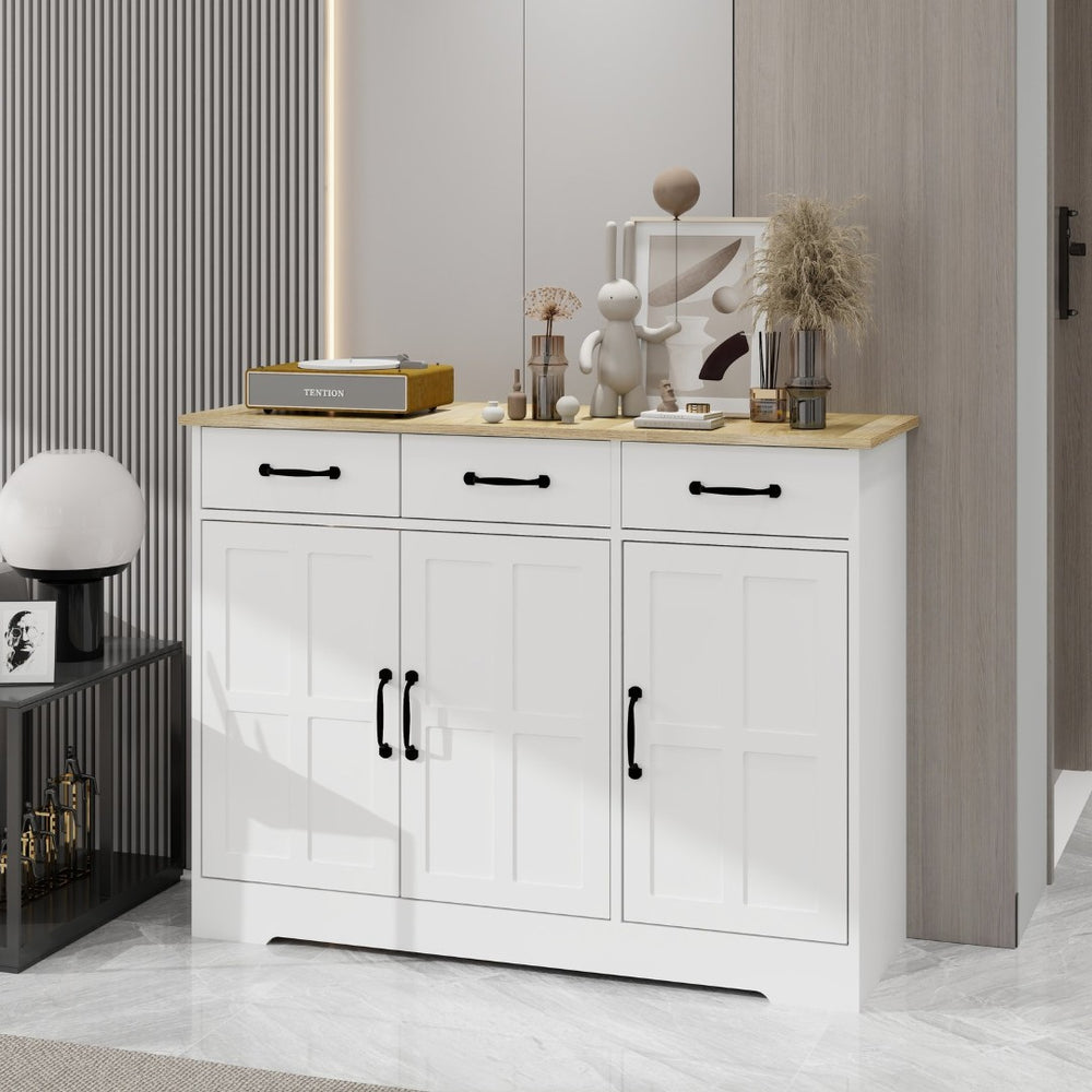 English Elm Farmhouse Buffet Sideboard with 3 Drawers and Doors White Dining Storage Cabinet W282138084