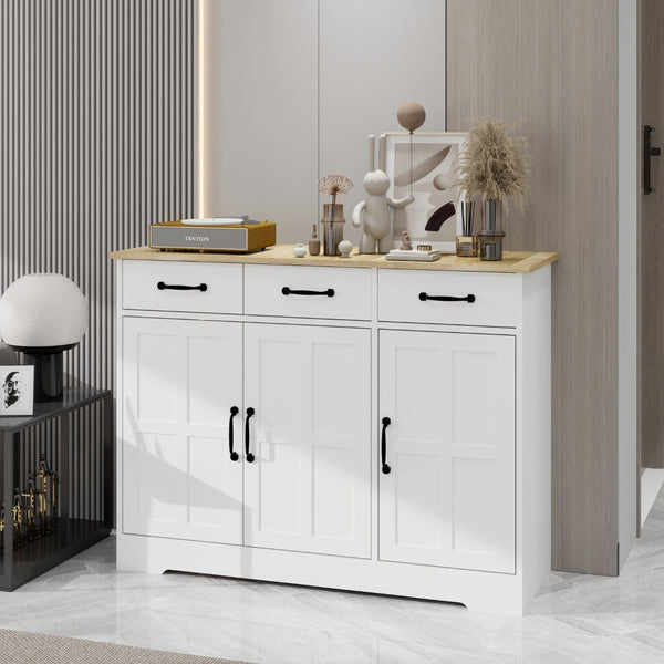 English Elm Farmhouse Buffet Sideboard with 3 Drawers and Doors White Dining Storage Cabinet W282138084