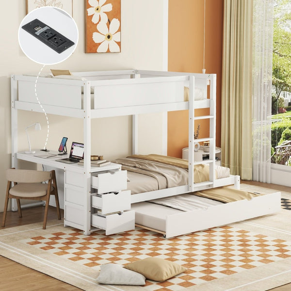 English Elm Full-over-full Bunk Bed with Trundle Desk Drawers and Built-in Power for Kids LT000364AAK