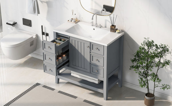 English Elm 36" Stylish Bathroom Vanity With Ceramic Sink, Solid Wood, 1 Cabinet & 3 Drawers, Grey Finish N725P246500E