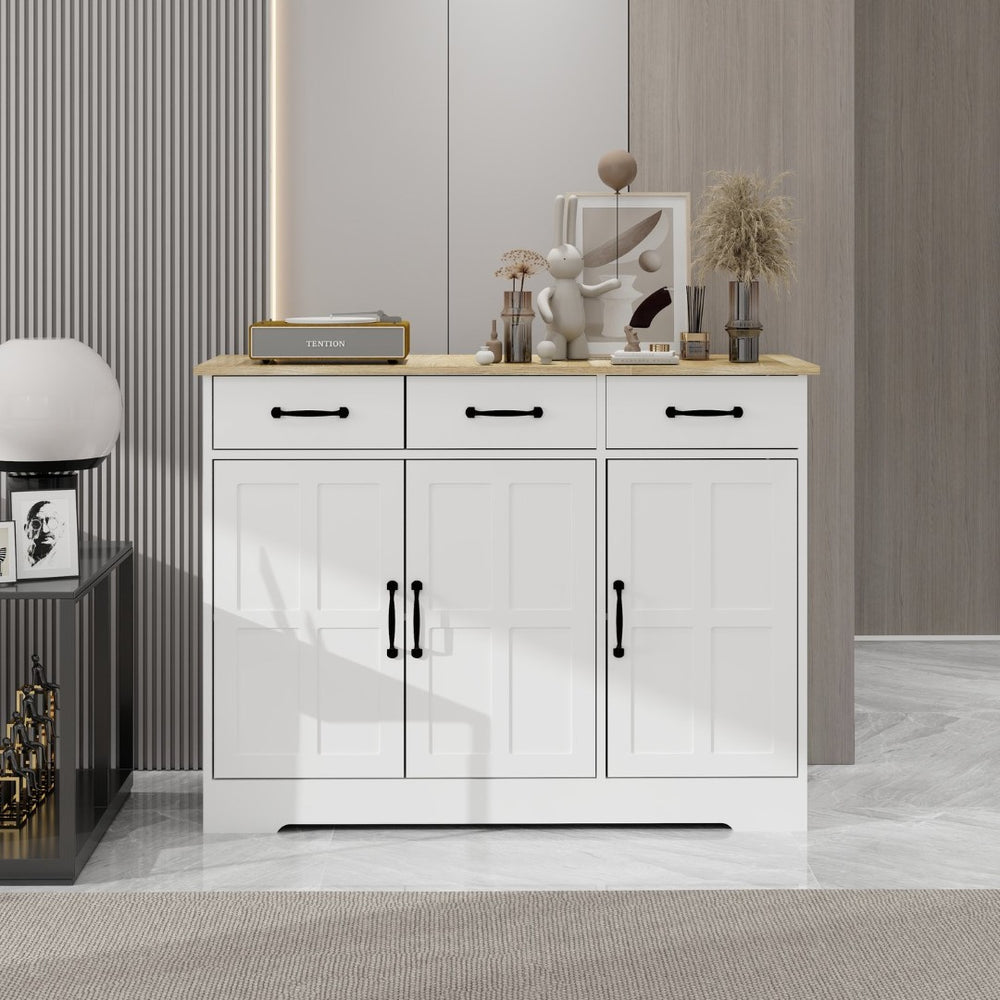 English Elm Farmhouse Buffet Sideboard with 3 Drawers and Doors White Dining Storage Cabinet W282138084