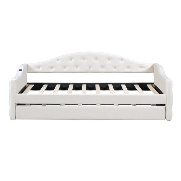English Elm Twin Velvet Tufted Daybed with Pull Out Trundle and Built in Usb Charging Ports N733S422848A