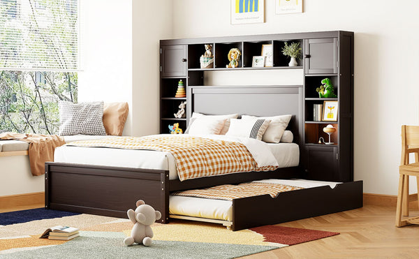English Elm Full Platform Bed with Storage Headboard Built-in Outlets Shelving and Twin Trundle Espresso LP000642AAP