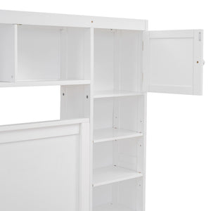 English Elm Queen Platform Bed with Headboard Storage Shelves Built-in Outlets and Trundle Drawer White LP000842AAK