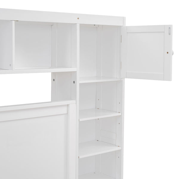 English Elm Queen Platform Bed with Headboard Storage Shelves Built-in Outlets and Trundle Drawer White LP000842AAK