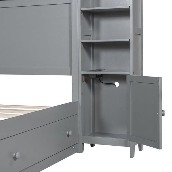 English Elm Queen Storage Bed with Shelving Cabinets Built-in Outlets and Four Under Drawers Gray LP000742AAE