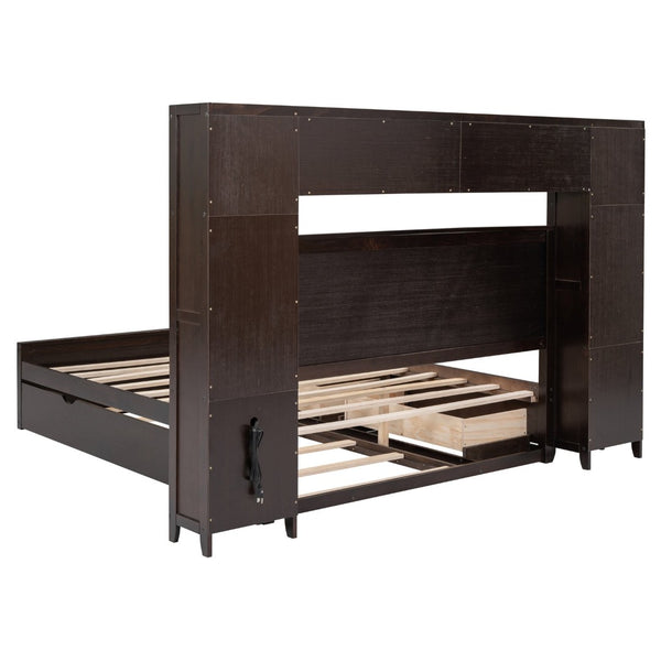 English Elm Queen Platform Bed with Headboard Storage Shelves Built-in Outlets and Trundle Drawer Espresso LP000842AAP
