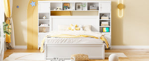 English Elm Queen Platform Bed with Headboard Storage Shelves Built-in Outlets and Trundle Drawer White LP000842AAK