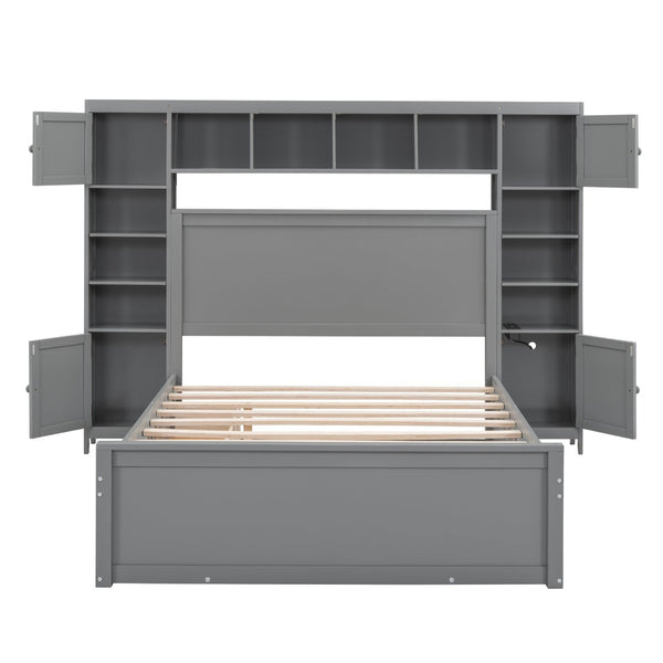 English Elm Full Platform Bed with Storage Headboard Built-in Outlets Shelving and Twin Trundle Gray LP000642AAE