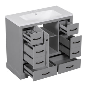English Elm 36" Modern Bathroom Vanity with Ceramic Sink, Six Drawers, Adjustable Shelf, Solid Wood Build Grey SY999808AAE-6