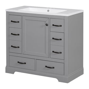 English Elm 36" Modern Bathroom Vanity with Ceramic Sink, Six Drawers, Adjustable Shelf, Solid Wood Build Grey SY999808AAE-6