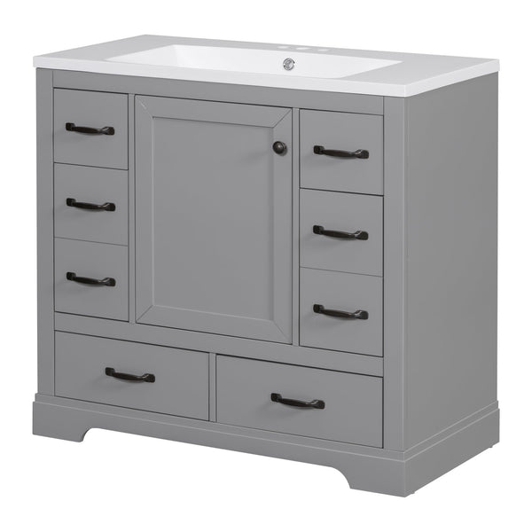 English Elm 36" Modern Bathroom Vanity with Ceramic Sink, Six Drawers, Adjustable Shelf, Solid Wood Build Grey SY999808AAE-6