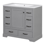 English Elm 36" Bathroom Vanity With Sink Combo, Six Drawers, Multi-Functional Drawer Divider, Adjustable Shelf, Grey