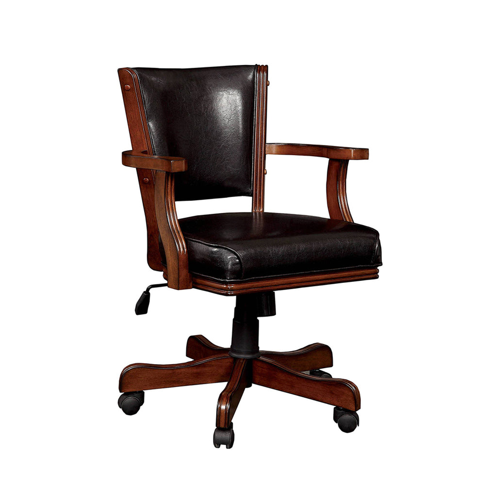 English Elm Leatherette Padded Arm Chair with Casters in Cherry & Espresso, Easy-Clean Black Upholstery, Mobile Comfort for Living Rooms and Entertainment Spaces B016P156862