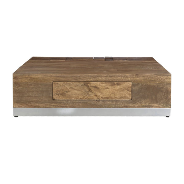 English Elm Luxvil Solid Mango Wood Square Coffee Table Geometric Carved Top Metal Base Living Room B024P156852