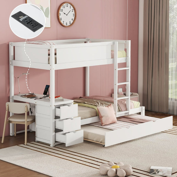 English Elm Twin-over-twin Bunk Bed with Trundle Built-in Desk Storage Drawers and Power Outlets White LT000363AAK