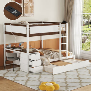 English Elm Full-over-full Bunk Bed with Trundle Desk Drawers and Built-in Power for Kids White+Walnut LT000364AAD