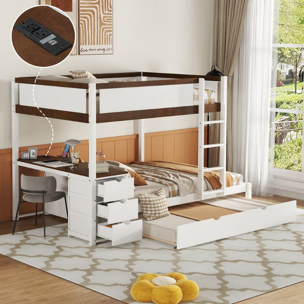 English Elm Full-over-full Bunk Bed with Trundle Desk Drawers and Built-in Power for Kids LT000364AAD-1
