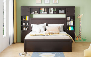 English Elm Queen Platform Bed with Headboard Storage Shelves Built-in Outlets and Trundle Drawer Espresso LP000842AAP
