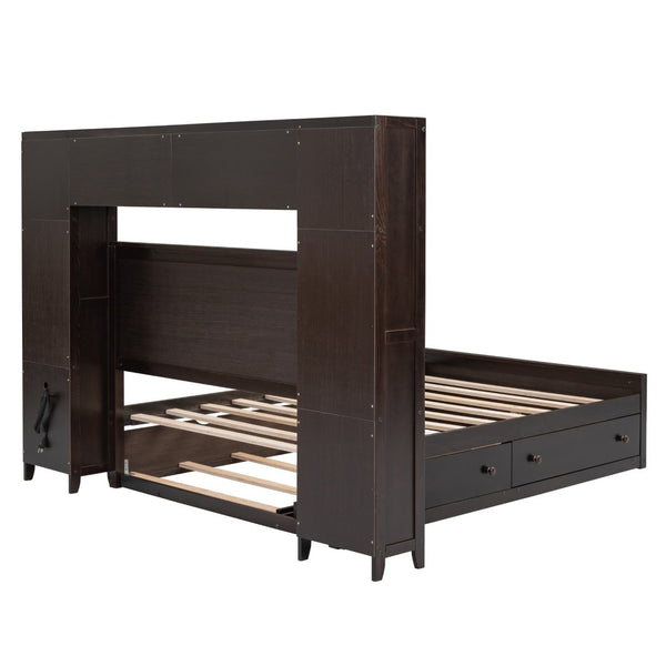 English Elm Full Platform Bed with Storage Headboard Built-in Outlets Shelving and Twin Trundle Espresso LP000642AAP