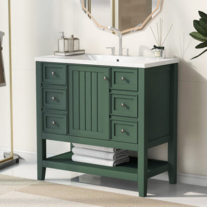 English Elm 36" Bathroom Vanity With Ceramic Sink, Solid Wood, 3 Drawers & Adjustable Shelf In Elegant Green Finish N725P246500G