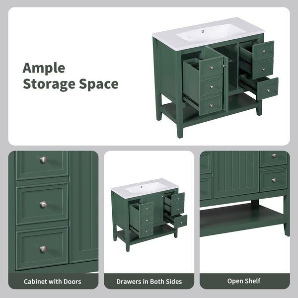English Elm 36" Bathroom Vanity With Ceramic Sink, Solid Wood, 3 Drawers & Adjustable Shelf In Elegant Green Finish N725P246500G