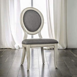 English Elm Set of 2 Padded Gray Fabric Dining Chairs with Oval Back, Antique White Frame, Comfortable Cushions B016P156827