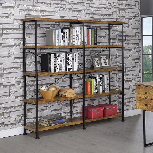 English Elm Antique Industrial Double-Wide Bookcase with Metal Pipe Frame, 4-Tier Rustic Nutmeg Shelves, 44 lb B062P153778