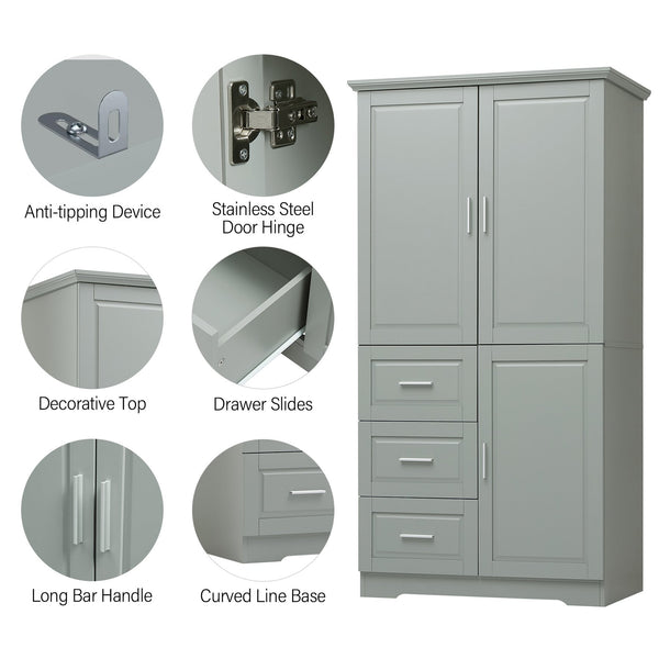 English Elm Tall Narrow Storage Cabinet with Doors and 3 Drawers – Adjustable Shelves, Anti-Tip, 45lb Capacity Grey WF299285AAG