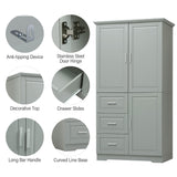 English Elm Tall and Wide Storage Cabinet With Doors For Bathroom/Office, Three Drawers, Grey