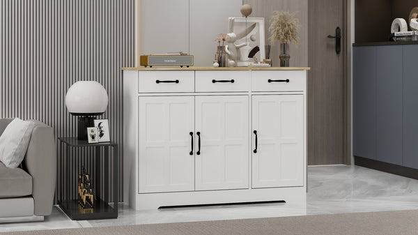English Elm Farmhouse Buffet Sideboard with 3 Drawers and Doors White Dining Storage Cabinet W282138084