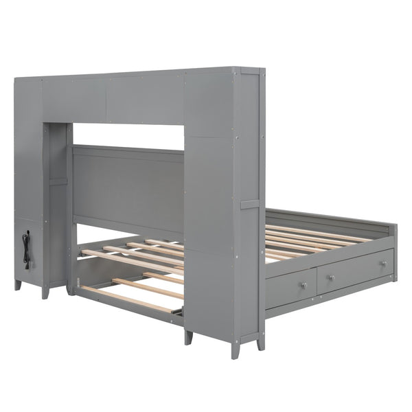 English Elm Full Platform Bed with Storage Headboard Built-in Outlets Shelving and Twin Trundle Gray LP000642AAE
