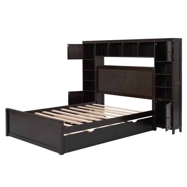 English Elm Full Platform Bed with Storage Headboard Built-in Outlets Shelving and Twin Trundle Espresso LP000642AAP