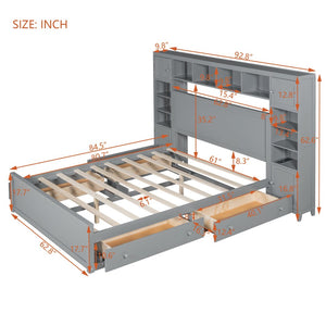 English Elm Queen Storage Bed with Shelving Cabinets Built-in Outlets and Four Under Drawers Gray LP000742AAE