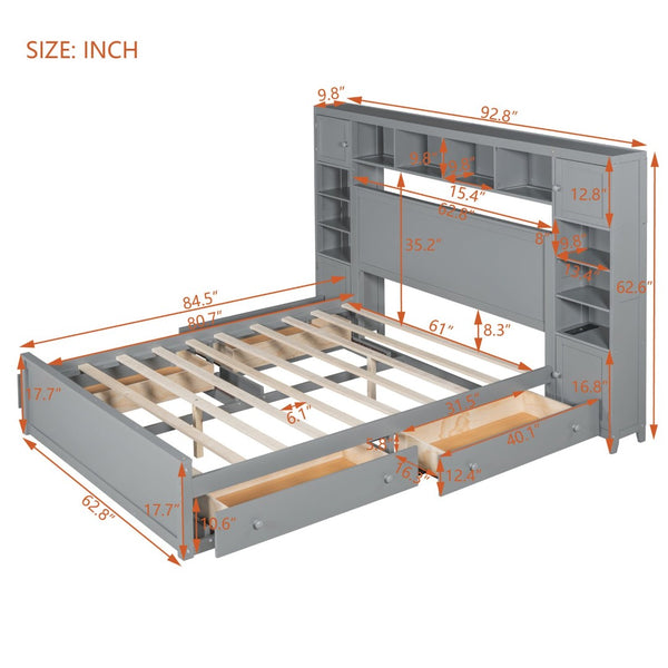 English Elm Queen Storage Bed with Shelving Cabinets Built-in Outlets and Four Under Drawers Gray LP000742AAE