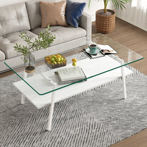 English Elm Coffee Table Set of 3 Tempered Glass Top Iron Legs Mdf Shelf Modern Living Room W241S00050