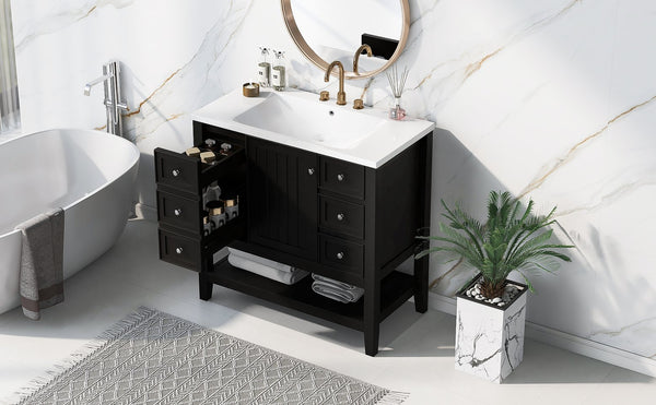 English Elm 36" Modern Black Bathroom Vanity w/ Ceramic Sink, Solid Wood & MDF, 3 Drawers + Cabinet, 36" SY999505AAB-6