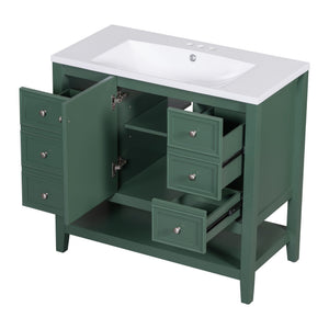 English Elm 36" Bathroom Vanity With Ceramic Sink, Solid Wood, 3 Drawers & Adjustable Shelf In Elegant Green Finish N725P246500G