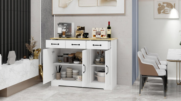 English Elm Farmhouse Buffet Sideboard with 3 Drawers and Doors White Dining Storage Cabinet W282138084