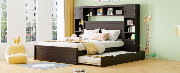 English Elm Queen Platform Bed with Headboard Storage Shelves Built-in Outlets and Trundle Drawer Espresso LP000842AAP