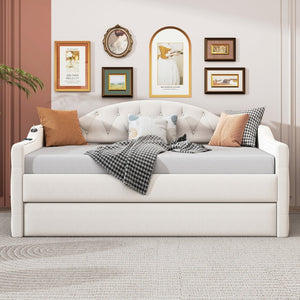 English Elm Twin Velvet Tufted Daybed with Pull Out Trundle and Built in Usb Charging Ports N733S422848A