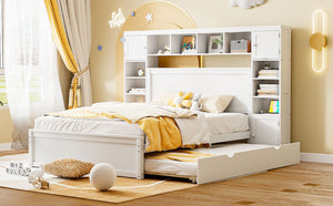 English Elm Queen Platform Bed with Headboard Storage Shelves Built-in Outlets and Trundle Drawer White LP000842AAK